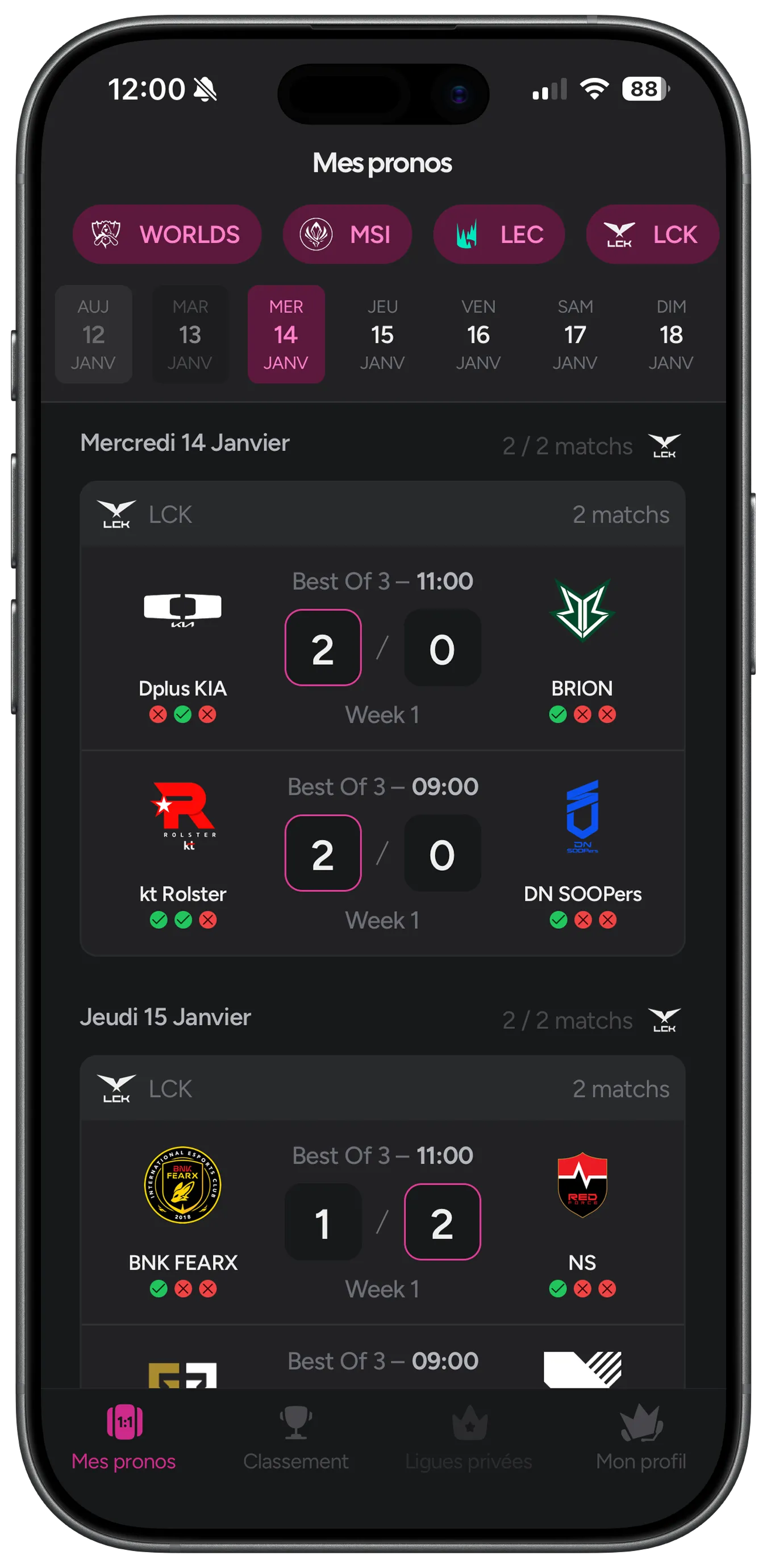 Aperçu de l'application Predi.gg sur téléphone